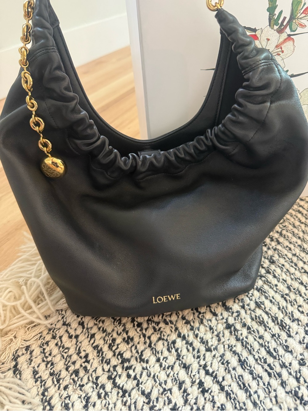 LOEWE Black Leather Squeeze small Hobo Bag with Gold Chain
